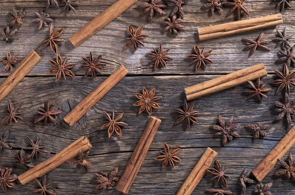 Fondo Palos Canela Estrellas Anís Madera Vieja Vista Superior —  Fotos de Stock