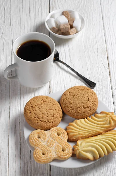 Various Cookies Plate Cup Coffee Breakfast White Wooden Table — Stock Photo, Image