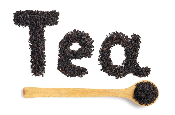 Dry Black Tea Arranged Word Wooden Spoon White Background Top — Stock Photo, Image