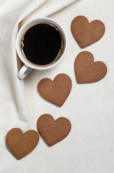 Gingerbread Cookie Shape Heart Cup Coffee Fabric Background Top View — Stock Photo, Image