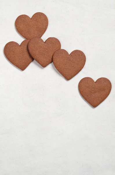 Pepparkakor Cookie Form Hjärta Tyg Bakgrund Ovanifrån Med Plats För — Stockfoto