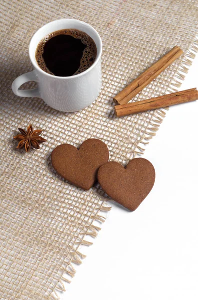 Two Ginger Cookies Shape Heart Cup Coffee Cinnamon Anise Star — Stock Photo, Image