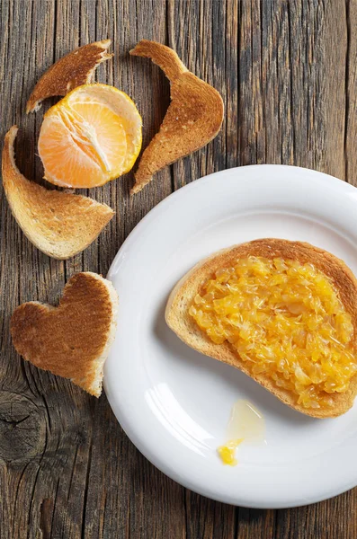 Roasted Bread Tangerine Jam Breakfast Rustic Wooden Table Top View — Stock Photo, Image