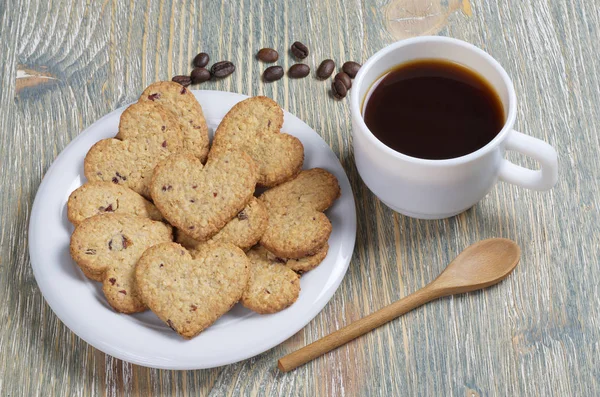 Cup Coffee Homemade Cookies Shape Heart Plate Old Wooden Table — Stock Photo, Image