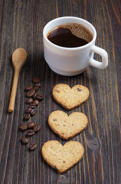 Heart Shaped Homemade Cookies Cup Coffee Dark Wooden Table — Stock Photo, Image