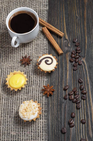 Small Delicious Glazed Muffins Cup Coffee Spice Dark Wooden Table — Stock Photo, Image