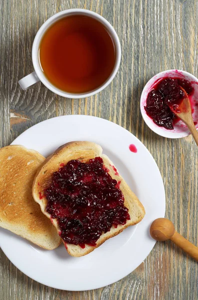 Toasted Bread Jam Plate Cup Tea Old Wooden Table Top — Stock Photo, Image