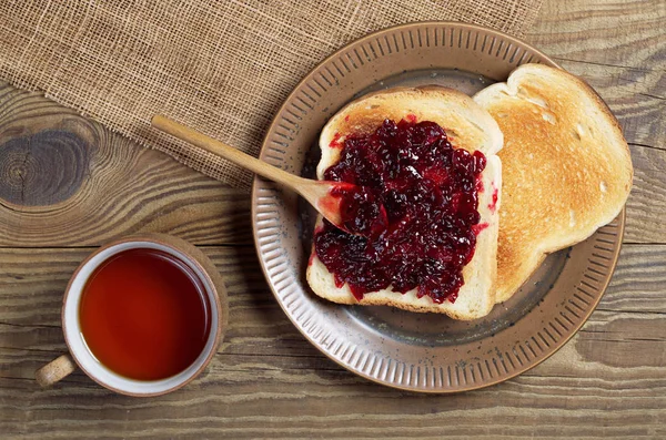 Cup Tea Toasted Bread Jam Wooden Table Top View — Stock Photo, Image