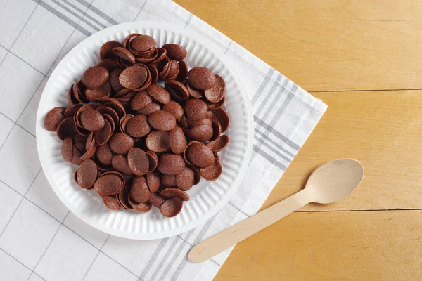 Directamente Encima Vista Chocolate Cereales Desayuno Cartón Plato Desechable Mesa — Foto de Stock