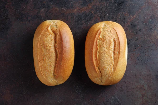 Two Loaf Small Wheat Bread Rusty Metal Background Top View — Stock Photo, Image