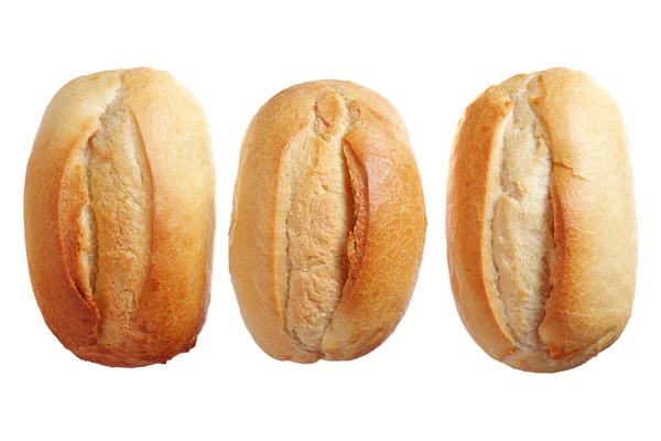 Trzy Bochenki Małego Chleba Pszennego Izolowane Białym Tle Widok Góry — Zdjęcie stockowe