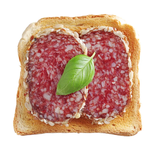 Rostat Bröd Med Salami Korv Isolerad Vit Bakgrund Ovanifrån — Stockfoto