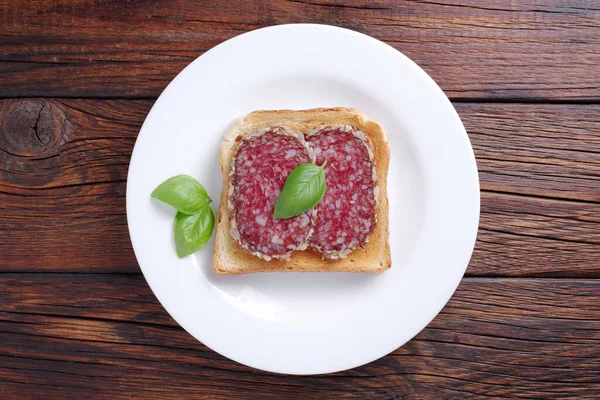 Pane Tostato Con Salsiccia Salame Piatto Sfondo Legno Vista Dall — Foto Stock