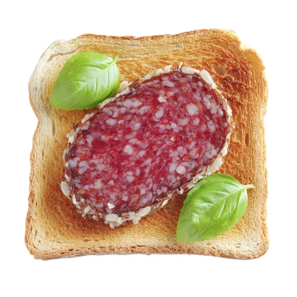 Salami Wurst Sandwich Isoliert Auf Weißem Hintergrund Draufsicht — Stockfoto
