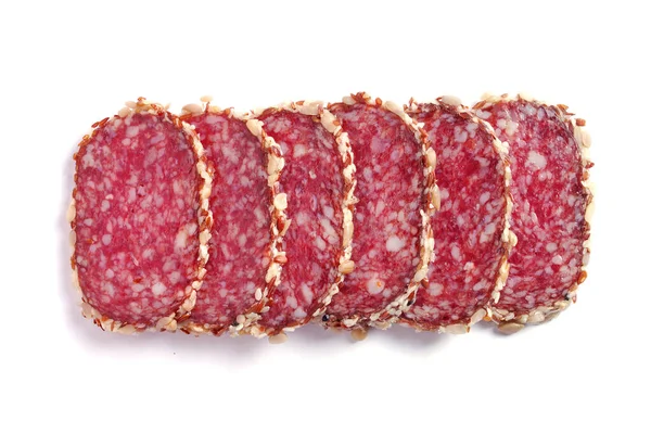 Salame Affettato Con Semi Sfondo Bianco Vista Dall Alto — Foto Stock