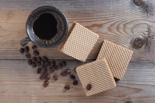 Wafers Boiled Condensed Milk Cup Coffee Wooden Background Top View — Stock Photo, Image