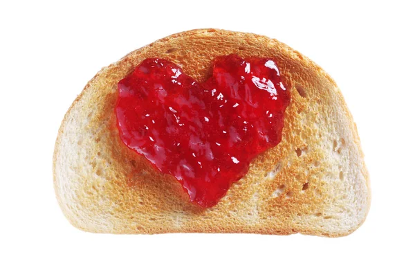 Gebakken Wit Brood Met Hartvorm Aardbeienjam Geïsoleerd Witte Achtergrond Bovenaanzicht — Stockfoto