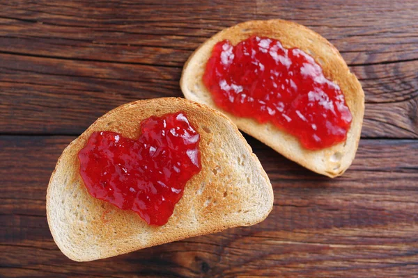 Primo Piano Marmellata Forma Cuore Pane Tavolo Legno Vista Dall — Foto Stock