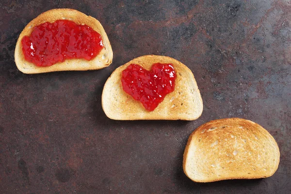 Directamente Encima Vista Pan Blanco Frito Con Mermelada Fresa Sobre — Foto de Stock