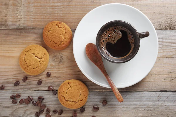 Directement Dessus Vue Des Biscuits Avoine Café Sur Table Bois — Photo