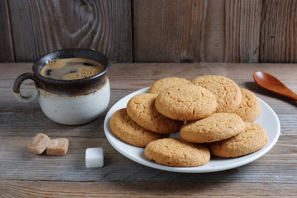 Oatmeal Cookie Cup Hot Coffee Wooden Table — Stock Photo, Image