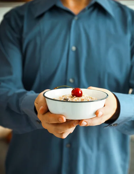 Healthy Breakfast Variety Granola Fruit Seeds Man Breakfast — Stock Photo, Image