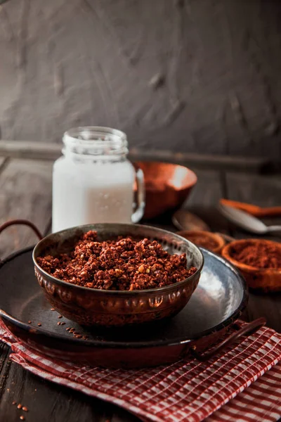 Variedad Desayuno Saludable Granola Con Cacao Leche Leche Almendras Con —  Fotos de Stock