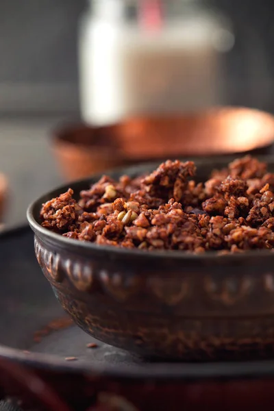 Gezond Ontbijt Granola Met Cacao Melk Amandelmelk Met Granen — Stockfoto