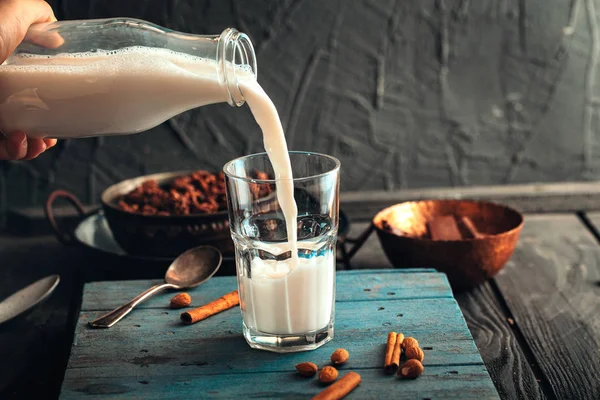 Healthy Breakfast Variety Granola Cocoa Milk Milk Glass Bottle — Stock Photo, Image