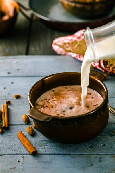 Healthy Breakfast Variety Granola Cocoa Milk Almond Milk Cereals — Stock Photo, Image