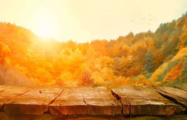 Hösten Bakgrund Natur Bordsskiva Med Fallande Löv Höstens Tabell Med — Stockfoto