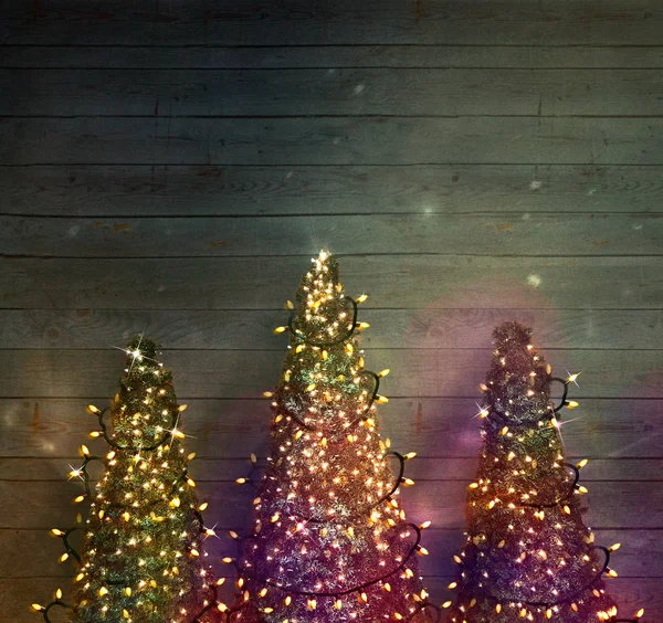 Christmas Trees Wood Christmas Background Wood Rustic Xmas Fairy Lights — Stock Photo, Image