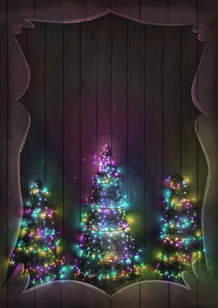 Kerstverlichting Fairy Hout Christmas Wenskaart Achtergrond Met String Lichten Pine — Stockfoto