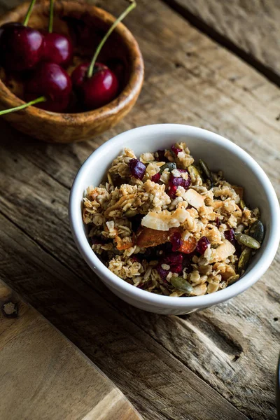 Gesunde Frühstücksvielfalt Getreide Mit Früchten Joghurt Mit Samen — Stockfoto