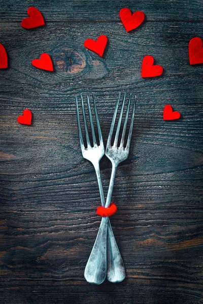 Restaurant Menu Valentines Day Dinner Table Setting Rustic Wood Style — Stock Photo, Image
