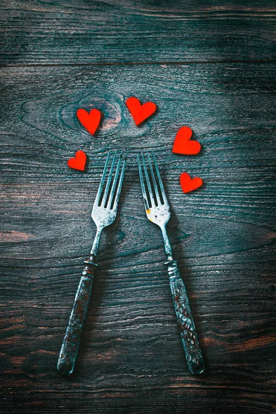 Restaurantkarte Valentinstag Dinner Mit Tischdekoration Rustikalen Holzstil Mit Besteck — Stockfoto