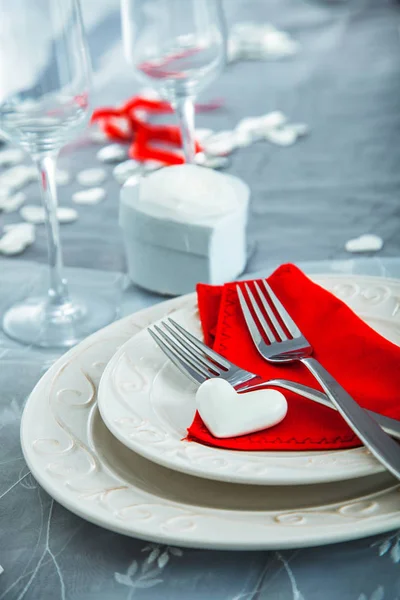 Mesa Dos Namorados Placa Com Dois Garfos Corações Jantar Dia — Fotografia de Stock