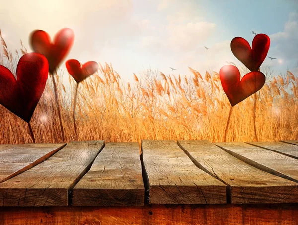 Dag Van Valentijnskaarten Valentines Achtergrond Met Tafel Bokeh Hou Van — Stockfoto