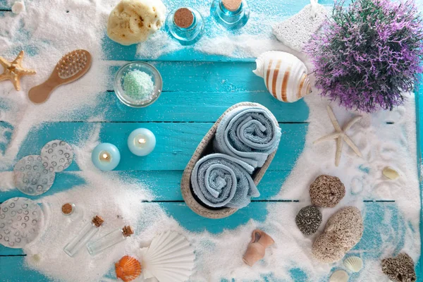 Spa Wellness Setting Flowers Towels Dayspa Nature Products Sea Spa — Stock Photo, Image
