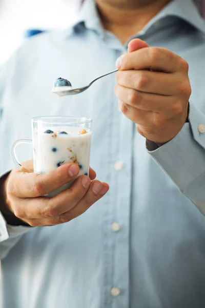 Healthy Breakfast Variety Yogurt Fruit Seeds Man Breakfast — Stock Photo, Image