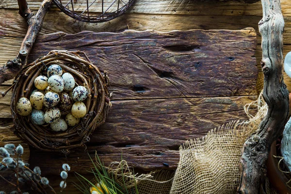 Easter Table Setting Fresh Eggs Plate Spring Table Flatlay Overhead — Stock Photo, Image