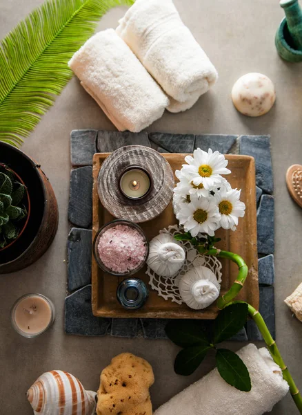 Spa Och Hälsocenter Spa Produkter Naturlig Miljö Overhead Flatlay Spa — Stockfoto