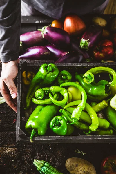 Farmář se zelenými paprikami — Stock fotografie