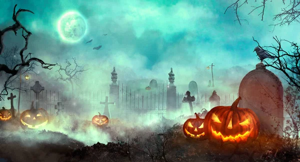 Halloween pumpkins on the graveyard — Stock Photo, Image