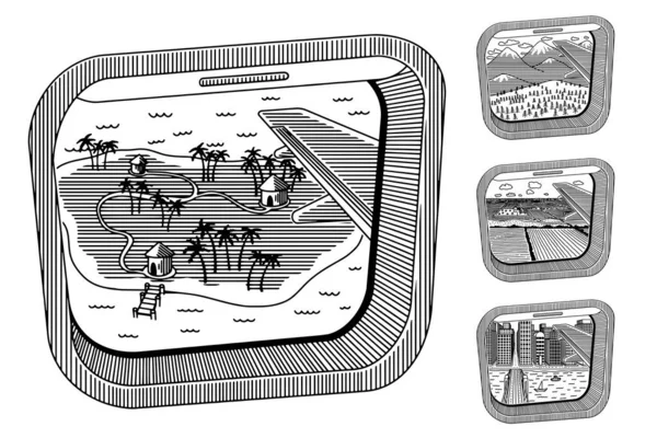 Ilustración Una Ventana Avión Con Paisajes Destino Diferentes — Vector de stock