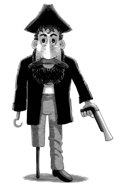 Engraved-style illustration of a cartoon pirate holding a gun.
