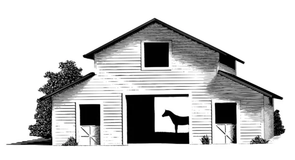 雕刻风格的马稳定与马的松石在谷仓内的雕刻式插图 — 图库矢量图片