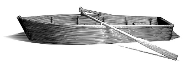 Engraved-style illustration of a wooden row boat with oars.
