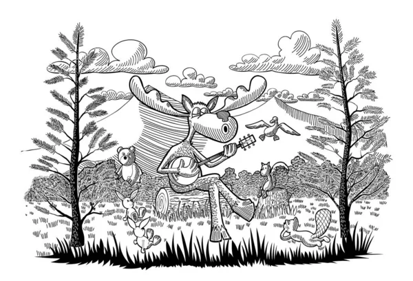 Мультяшна Ілюстрація Лося Грає Банджо Деяких Лісових Тварин Векторна Графіка