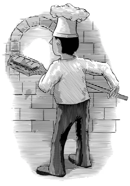Ілюстрація Стилі Гравірування Пекаря Тягне Хліб Цегляної Печі — стоковий вектор
